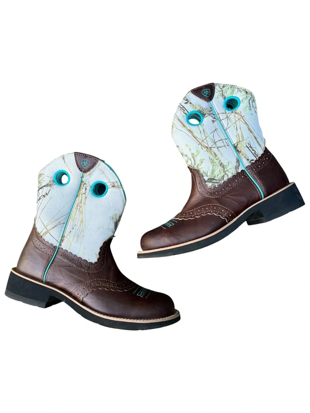 Ariat Fatbaby Realtree Camo Brown Teal Leather Western Cowboy Boots Womens 7.5 - Picture 10 of 13